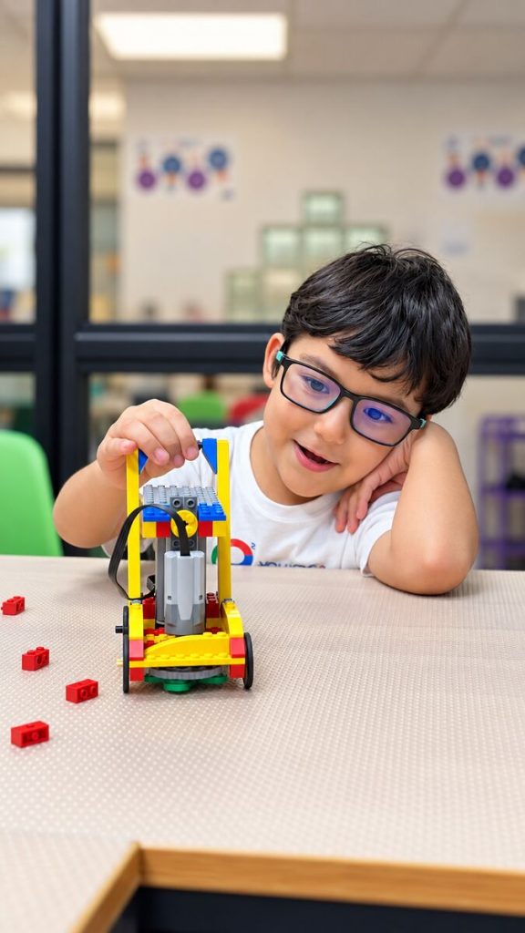 Joven inventor con su modelo mecánico en Centro Educativo STEAM